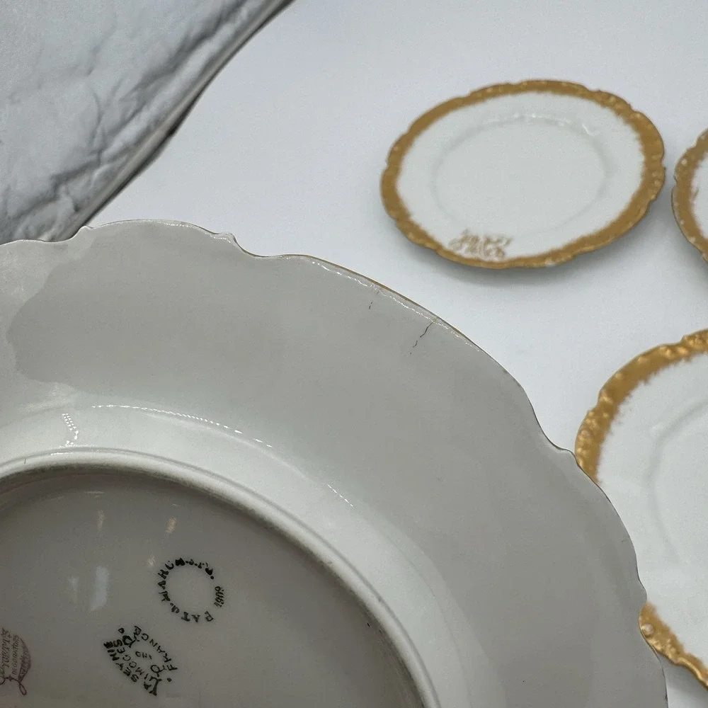 Antique 1909 Set 4 La Seynie P&P Limoges Plates Lycetts Decorators Gold Monogram